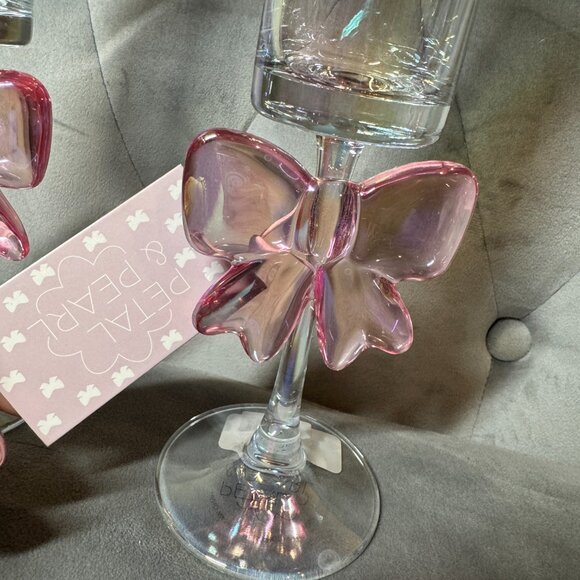 Petal & Pearl pink bow Iridescent Pastel Pale champagne Glass Set of 2 NWT - Picture 5 of 6